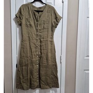 Talbots Petite 100% Linen Button Front Shirt Dress Olive Green Midi 12P BD2706